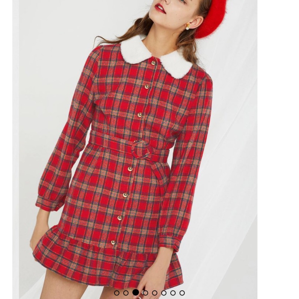 Storets Sharon Red Plaid faux fur Collared Dress S/M